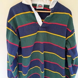 Vintage Striped Rugby Polo Long Sleeve Shirt in Green & Navy